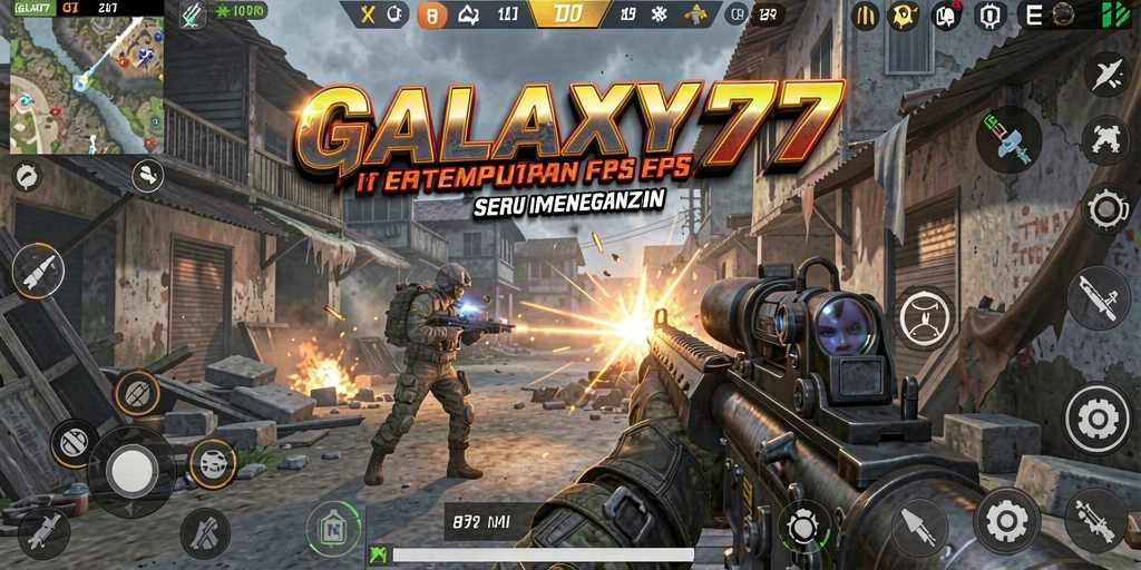 Screenshot gameplay GALAXY77 menampilkan aksi menegangkan dalam pertempuran FPS.