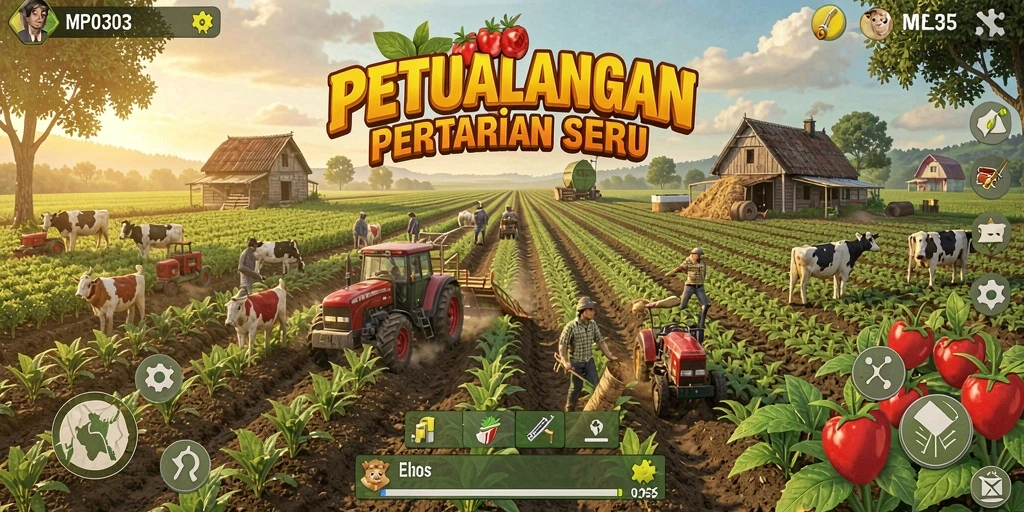 Screenshot MPO303 menunjukkan aksi seru dan bersantai di ladang pertanian.
